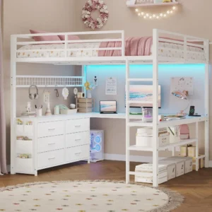 Loft Bed Full Size with U-Shaped Desk, Power Outlet, LED