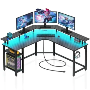 L Shaped Gaming Desk with LED Lights amp Power Outlets