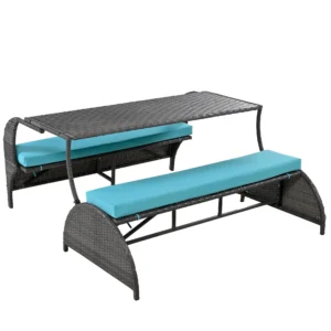 Outdoor Rattan Loveseat Convertible Picnic Bench Table