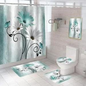 5Pcs Teal Daisy Shower Curtain Set with Bathroom Wall Art Decor