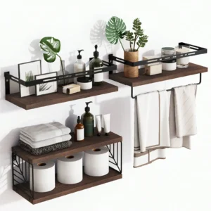 Rustic Wood Floating Shelves With Metal Frame And Towel Bar
