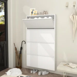 Metal Shoe Cabinet with 4 Flip Drawers, Wall Mount
